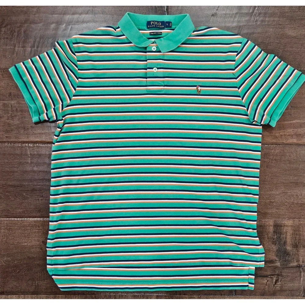 VTG 90's PREPPY Polo Ralph Lauren Pima Soft Striped Polo Shirt FLESH PONY Mens L